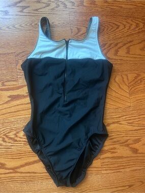 Classic Black & Light Blue Zip-Front One-Piece Swimsuit